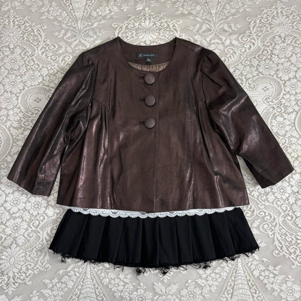 y2k girly grunge mod style twee brown metallic babydoll peacoat w cropped sleeve